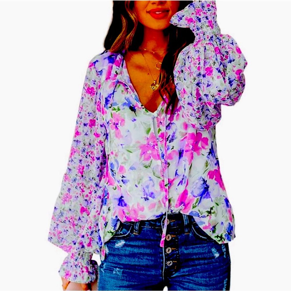 Boho Floral Print V Neck Long Sleeve Drawstring Top Loose Blouse Button Down